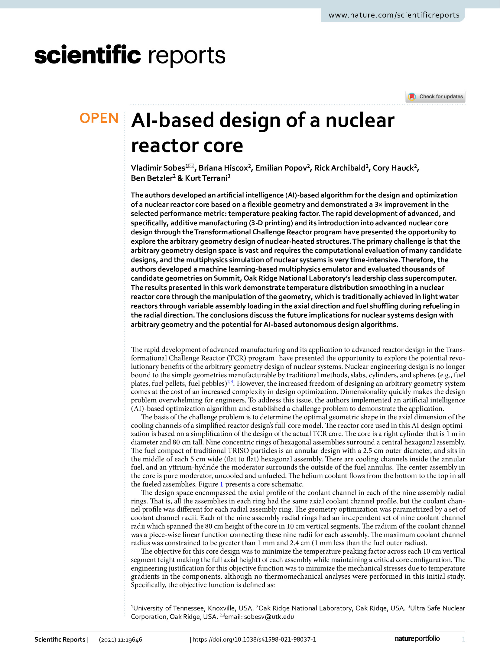 AI-based design of a nuclear reactor core (SEE FULL PAPER ATTACHED)Vladimir Sobes,&nbsp;Briana Hiscox,&nbsp;Emilian Popov,&nbsp;Rick Archibald,&...